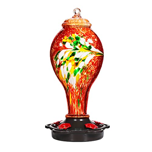 LUJII Hummingbird Feeder for Outdoors, Hand Blown Glass Humming Bird Feeder, Anti Fade Leakproof with 25 Ounces Nectar Capacity, Easy to Install Clean Refill, Include Hook & Ant Moat (Red) - color: Red, size: Small