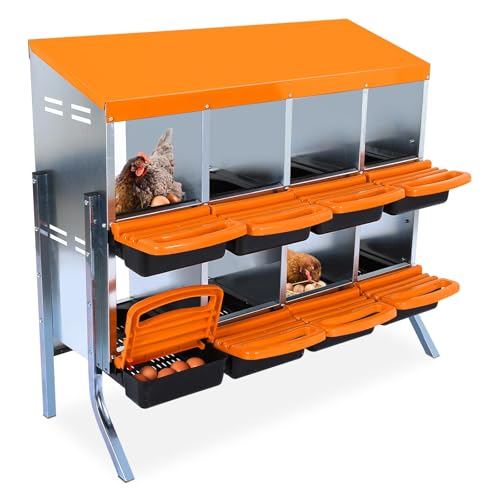 Chicken Nesting Box, 8-Hole Roll Away Egg Laying Box with Lid, Galvanized Steel Rustproof Design - Easy Egg Collection, Easy Clean with Bracket Legs, Orange - color: orange, size: 8 HOLES WITH LEGS