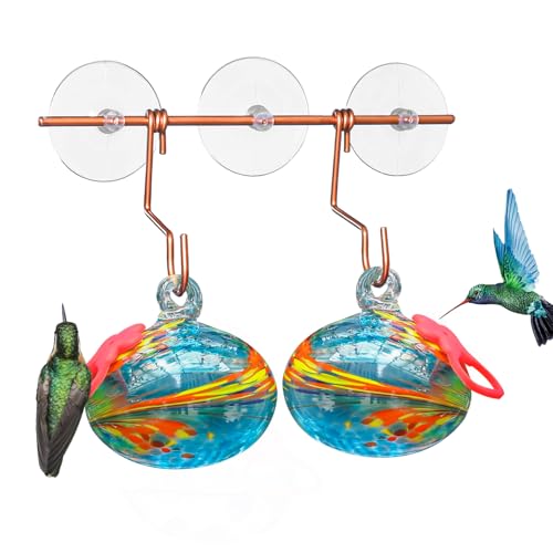 Pozfun Set of 2 Hummingbird Feeders for Outdoors Hanging,Hand-Blown Glass Hummingbird Feeder with Silicone Feeding Perch,Never Leak,Gardening Gifts for Woman Man - color: Blue