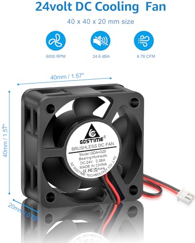 GDSTIME 40mm x 40mm x 20mm 24V DC Cooling Fan 2Pin for 3D Printer 2-Pack | 4020 Axial Fans, 24 Volt Brushless, 6000RPM, Hydraulic Bearing, 40x40x20mm - size: 40x20mm