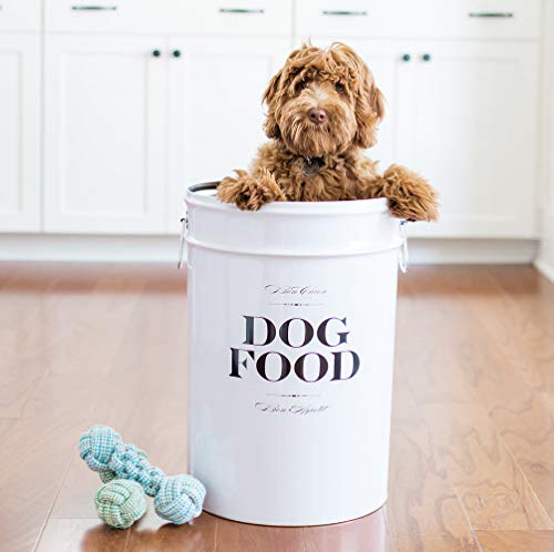 Harry Barker Bon Chien Dog Food Storage Canister – Large 11 gallon, Airtight Stainless Steel Pet Food Container, Stylish Kitchen Counter Dog Kibble Storage with Easy-Open Lid - White - color: Black & White