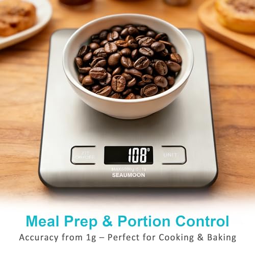 Food Scale Kitchen-Scale 11lb/5kg Food Scale for Kitchen Stainless Steel LCD Display Tare Function (g/oz/ml) for Meal Prep Coffee (Batteries Included) - color: sliver