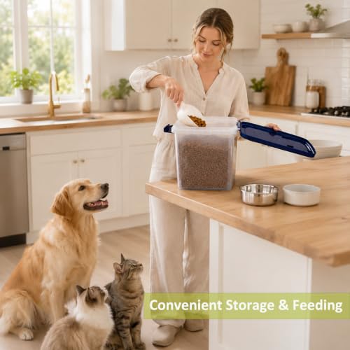 5-10 Lbs Airtight Cat Dog Food Storage Container, 8QT Compact Pet Food Bin | Plastic Food Container with Buckle-Lock Lid & Scoop for Dog, Cat, Bird Seed, Pet Food, Chicken, Dry Food, Rice, Cereal, Flour - color: Dark Blue