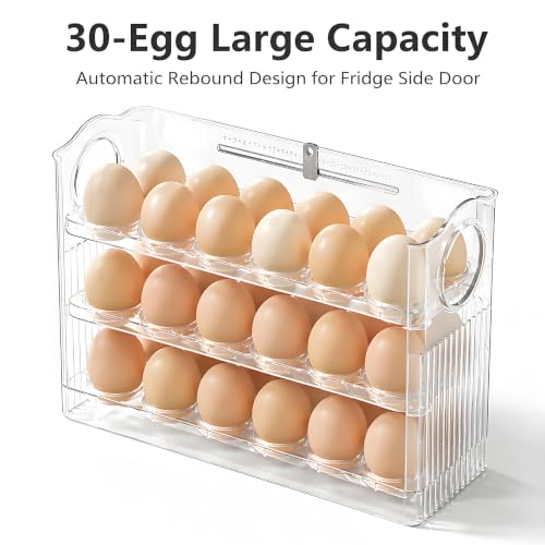 Egg Holder for Fridge, Holds 30 Eggs, Clear | 3-Tier Stackable, Egg Organizer for Refrigerator, Date Tracker & One-Hand Access, BPA-Free PET