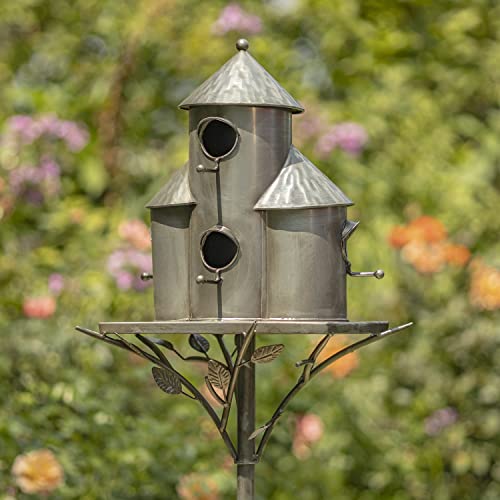 Zaer Ltd. Large Silver Colored Multi-Birdhouse Stakes, Room for 4 Bird Families in Each (Plump Triple Cylinder Homes (Silver Color)) - style: Plump Triple Cylinder Homes (Silver Color)