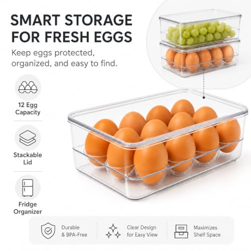 Dependable Industries inc. Essentials Stackable Plastic Egg Holder for Refrigerator with Lid – Clear 12 Count Fridge Egg Container, BPA Free Egg Storage Organizer Bin
