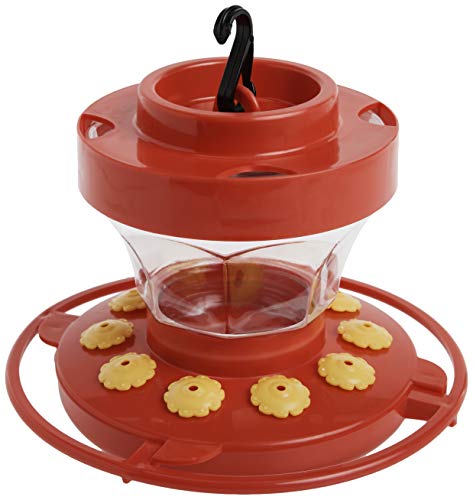 First Nature 993091-546 16 oz. Hummingbird Flower Feeder , Red | Bright Flower Ports Attract Birds - Round Bottom Perch Fits Multiple Birds - See-Through Tank Shows Nectar Levels - size: 16 ounce