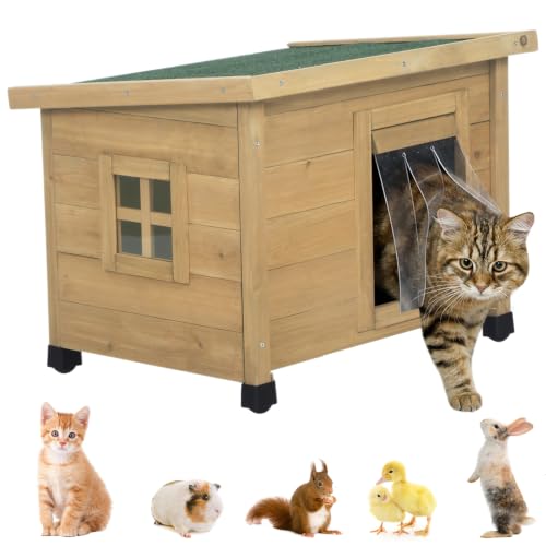 Agitree Outdoor Wooden Pet House, Weatherproof Winter Shelter for рuррy and Small Cats, Elevated Design with Window (Yellow, 22.56 * 17.71 * 16.73Inches)
