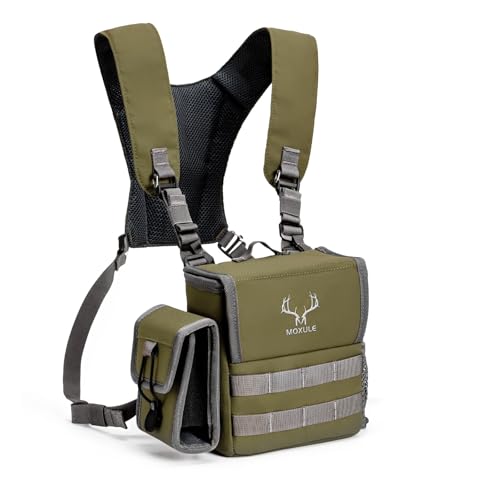 Binocular Harness Chest Pack - Bino Harness with Rangefinder Pouch | Silent magnetic lid, one-handed access, rain cover, removable pouch, MOLLE webbing for hunting, hiking, birdwatching - color: Green