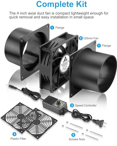 GDSTIME 120mm 12V DC Axial Exhaust Fan w/Speed Control, 2 4″ Duct Flanges | 110V 120V AC Powered, Small Air Fume Smoke Extractor DIY Kit, for Soldering, 3D Printer, Paint Booth Cooling Ventilation - style: 1238 Fan + 2 Flanges