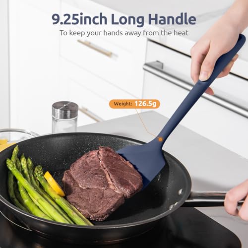 U-Taste 600ºF Heat Resistant 13.6in Long Solid & Slotted Silicone Turner and 600ºF Heat Resistant 13.76" Long, 3.63" Wide Wok Spatula for Kitchen Stir Fry (Midnight Blue)