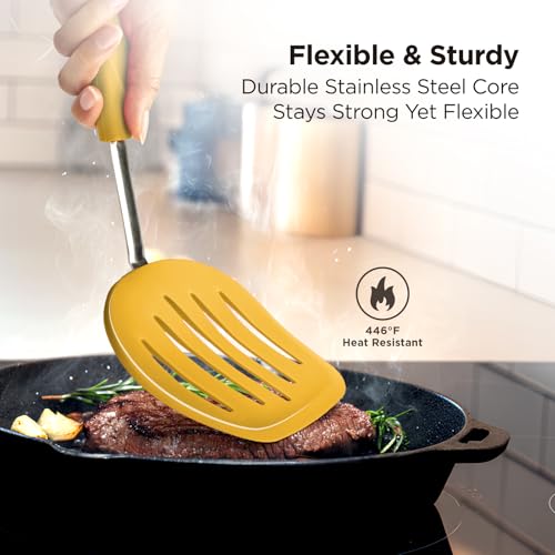 Kitchen Mama WaltzGrip Platinum Silicone Pancake Spatula Turner, Yellow | Heat-Resistant, Slotted Tapered Head, Stainless Steel Core, Durable and Dishwasher-Safe, For Flipping and Wok Use - color: Yellow