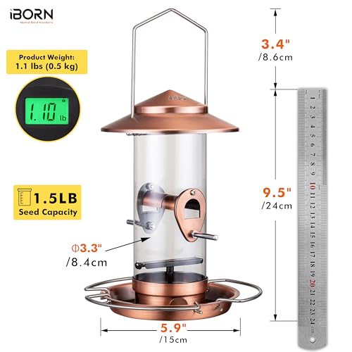 Bird feeders for Outdoors Metal Chew Resistant Copper-Plating, 1PK | Metal Roof, Metal Tray, Stainless Hanger, Flip-Top Fill, 3 stainless Perches with 2 Feeding Ports, Easy-Clean, 1.5LB - color: Copper-Plating