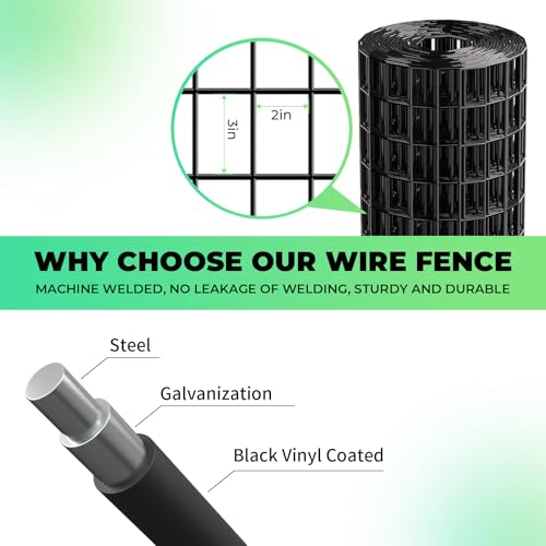 16GA Black PVC Coated Welded Wire Fencing 48 Inch x 50 Foot, 2 Inch x 3 Inch, Garden Border Fencing Roll Vinyl Coating Metal Wire Mesh for Yard Vegetable Plant Protection Poultry Netting - color: Black, size: 48"×50'