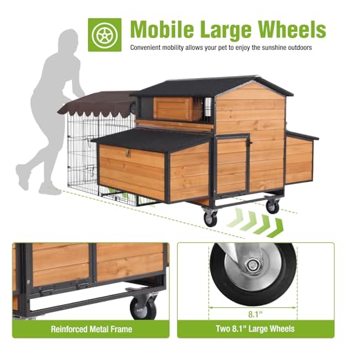 GUTINNEEN Extra Large Mobile Chicken Coop with Run for 6-8 Chickens, Portable Chicken Tractor with Wheels, 76.7" L All-Around Iron Frame Outdoor Hen House, Metal Sliding Tray & 6 Nesting Boxes