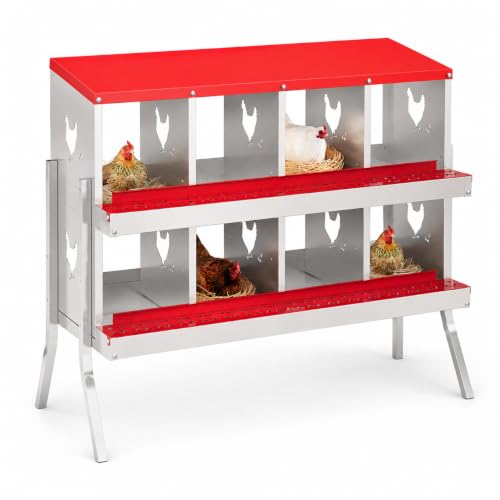 Galvanized Steel Chicken Nesting Box 8 Grids, Metal Egg Laying Boxes for Hens with Hinged Lid and Ventilated Design, Easy Clean Poultry Nest Box for Chicken Coop Accessories, Red, with Legs - color: Red, size: 8 Holes with Legs