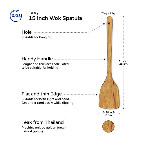 FAAY 15 Inches Wok Spatula, Long Handle Stir fry Paddle, Turner, Handcrafted from High Moist Resistance Teak Wood for Non Stick Cookware - size: 15 Inch Spatula