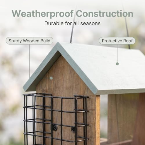 Wood Hopper Bird Feeder with Double Suet Cage, 10 lb Large Capacity Hanging Wild Bird Feeder for Outdoor, Garden Bird Feeder with Weatherproof Roof