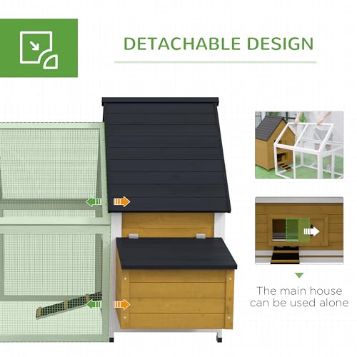 PawHut 65" Chicken Coop Wooden with Detachable Run, Outdoor Chicken House Poultry Cage Hen with Nesting Box, Removable Tray, Roosting Bars, Ramp, for Garden Backyard, Natural | Outdoor Chicken House Poultry Cage, Hen, Removable Tray, Roosting Bars, Ramp,