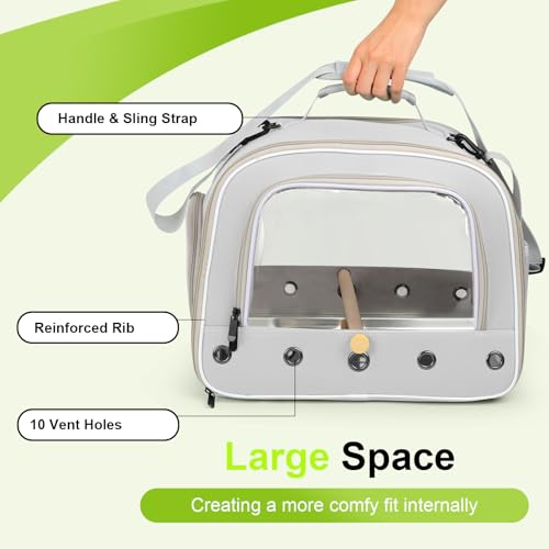 Bird Travel Carrier Cage for Medium Parrot, Portable Bag with Metal Tray to Carry and Transport Medium and Large Birds Like African Grey, Long Tail Cockatiel (Gray, Large Carrier) - color: Gray