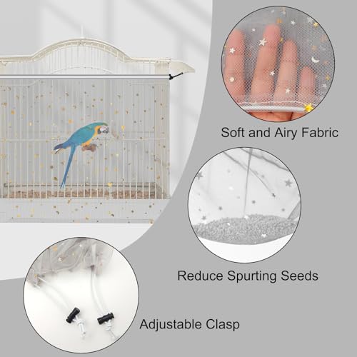 Bird Cage Seed Catcher, 60-118'' Large Bird Cages Cover, 31.5'' H Adjustable Nylon Bird Cage Mesh Net, Soft Airy Bird Cage Skirt Guard Accessories for Parrot Parakeet Macaw (Gray) - color: Grey, size: Large