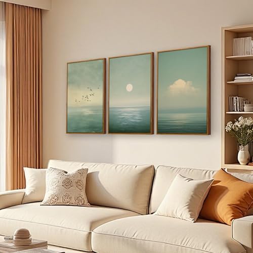 QTUSYUR Japandi Wall Art - Large Farmed Minimalist Sage Green Sunset Art Print - Abstract Calm Seascape Artwork for Bedroom Yoga Room - Scandinavian Zen Peaceful Wall Picture for Home Decor 16”×24”×3 - style: Seascape