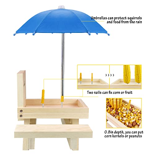 Squirrel Feeder Table with Umbrella, Wooden Squirrel Picnic Table Feeder, Sturdy Squirrel Feeder Corn Cob Holder, with Solid Structure and 2 x Thick Benches(Blue) - color: Blue