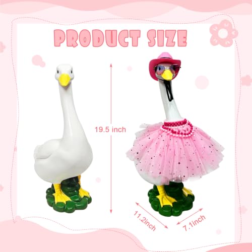 Porch Goose Garden Decor Statues Large White Yard Figurine with Outfit | Resin Statue Duck Wear Pink Dress and Hat, Weatherproof Outdoor Home Decorations Housewarming Birthday Gifts for Mom Women - style: star skirt goose
