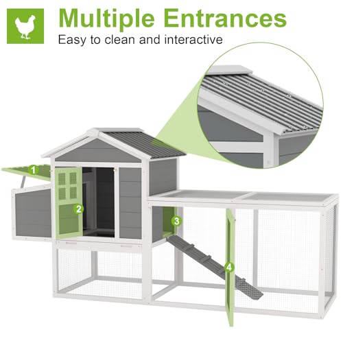 Yafylly Large Chicken Coop Outdoor, 82" Wood Hen House for 3-4 Chickens, Durable Duck House Poultry Pet Hutch with Run, Nesting Box, Ramp, Removable Tray, Waterproof Roof for Backyard Small Animal - color: Grey, size: 80.9"L x 36.3"W x 44.7"H