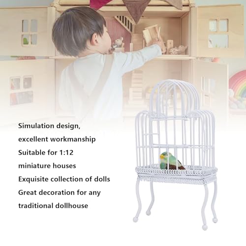Dollhouse Bird Cage 1:12 Scale Metal Miniature Bird Cage, Realistic Opening Door, Miniature Dollhouse Bird Cage with Artificial Grass Bird Sticker (White)