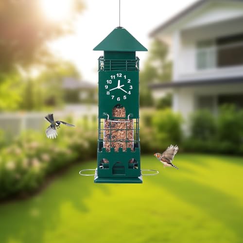 Metal Squirrel Proof Bird Feeders for Outdoors Weight Activated,3 Lbs Green | Hanging Anti Squirrels Buster Mesh Birdfeeders for Outsides Chew & Weather proof, Easy to Fill 4 perches Decor Backyard