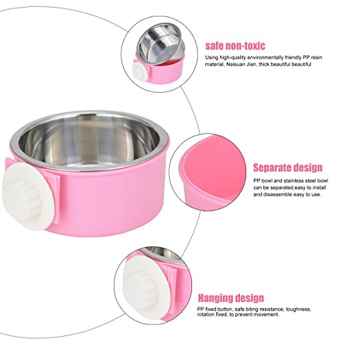 Crate Dog Bowl Removable Stainless Steel Water Food Feeder Bowls Cage Coop Cup for Cat Puppy Bird Pets - color: Pink, size: Small