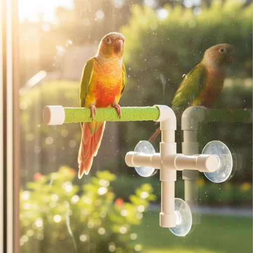Hypeety Portable Suction Cup Bird Window and Shower Perch Toy Parrot Stand | 3 strong suction cups, parrot bath perch with quartz sand surface, fits windows/tile, for parakeets/budgies/cockatiels, green