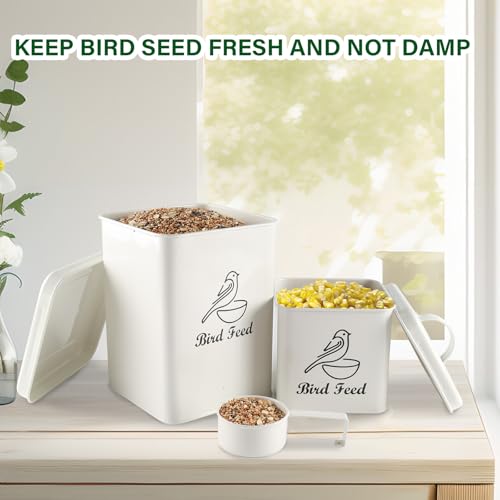 Set of 2 Metal Bird Seed Storage Container,Combined 8lbs Bird Seed Container with Scoop,Wild Bird Food Bins for Storing Sunflower Seed-Sturdy and Squirrel proof-6''x9''+5''x5''-White