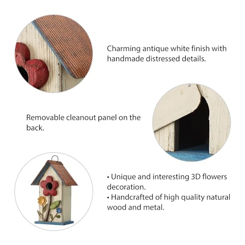Glitzhome Hanging Bird House for Outdoor,10.2" H Patio Garden Decorative Birdhouse Pet Cottage Wooden Distressed Birdhouse with 3D Flowers for Bluebird,Hummingbird,Sparrow,Wren Finch, Washed White - color: 10.2"H Flower Washed White