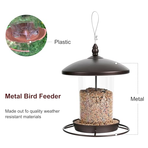 Metal Bird Feeder for Outdoors Hanging,3.0LB Seed Feeder,Easy to Fill & Clean,360° Feeding,Weatherproof Roof for Gardens and Wild Birds,Brown - color: Brown