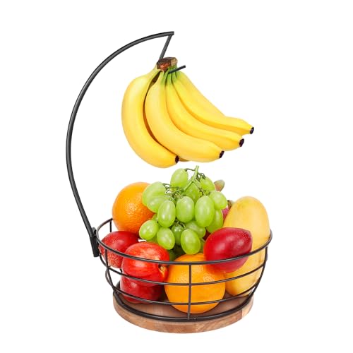 Livabber Countertop Fruit Basket Bowl with Banana Hanger, Modern Standing Fruit Vegetable Bowl Storage, with Banana Tree Holder for Kitchen Dinning Table (Round Wood, Black) - color: Black, style: Round Wood