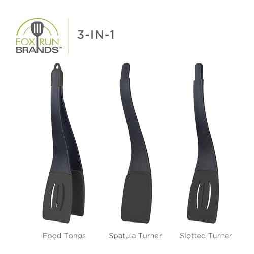 Fox Run 3-In-1 Black Nylon Spatula, Tongs, and Turner, Safe For Non-Stick Pans, 14" - size: 14” x 3” x 3.5”