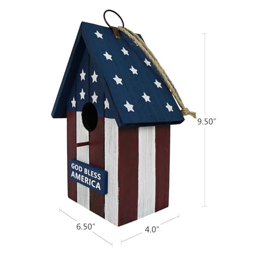 Patriotic Wood Bird House for Outside, US Flag Garden Decorative Wooden Bird House Hanging Birdhouse Home for Wrens and Small Birds