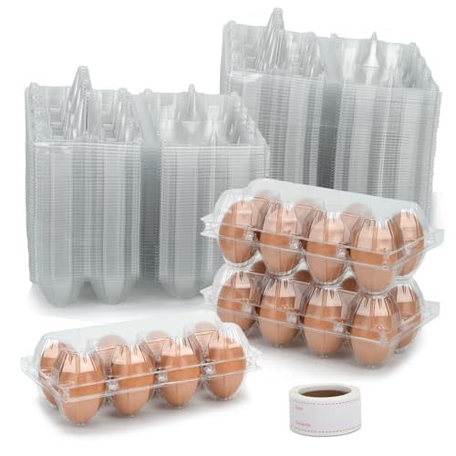 100 Pack Plastic Egg Cartons Cheap Bulk 8 Count, Clear Egg Trays 2x4 Grids | Comes with Date Tracking Stickers Egg Care Instructions, Reusable Egg Holder for Refrigerator, Family and Chicken Farm
