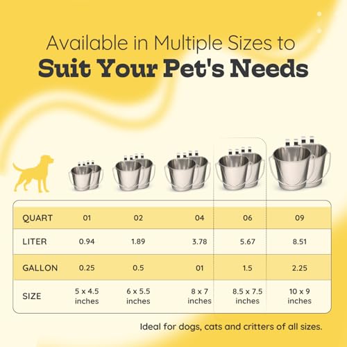 6 Quart Stainless Steel Flat Sided Bucket with Dual Hooks | 2 Pcs Food & Water Bowl for XL Dog Goat Cattle Horse & Livestock | Fits kennel Crate Cages Farm Hanging Pet Pail | Multipurpose - size: 6 Quart (Pack of 2)