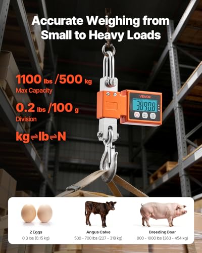VEVOR Digital Crane Scale, 1100 lbs/500 kg Max Capacity, Heavy Duty Industrial Hanging Scale with Cast Aluminum Case & LCD Display, 0.2 lbs Division & 3 Unit Switch, Auto-Off Setting for Garage - style: 1100BLS