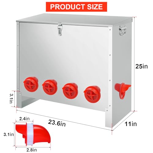 RYFT 85 Pounds Automatic Chicken Feeder 6-Port, Large Capacity Galvanized Metal Fed Chicken with Latch & Handle for Chickens, Pheasants, Bantams Poultry Coop Weatherproof Chicken Feeder