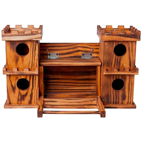 MIXUMON Castle-Style 4 Room Wooden Birdhouse with Large Center Feeder, Outdoor Multi-Room Bird House for Garden & Backyard, 1.57" Entrance Hole, Easy-Clean Access Doors, Twin Tower Decorative Design