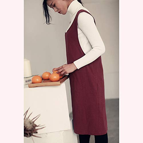 Cotton Linen Japanese Apron Halter Cross Back Bandage X Shape Aprons Two Pockets - color: Dark Red
