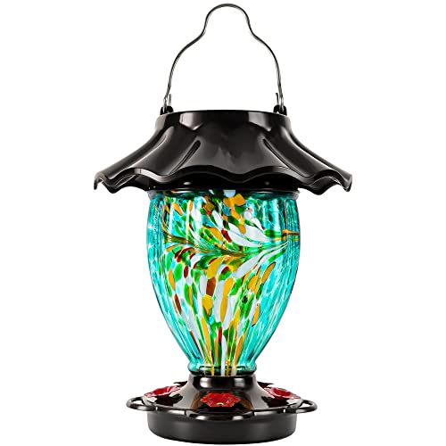 LUJII Solar Powered Color Changing Hummingbird Feeder for Outdoors Hanging, Hand Blown Glass Reservoir, 32 fl.oz, Never Leak, Illuminated Lantern for Garden Decor, for Bird Lover (Teal) - color: Teal