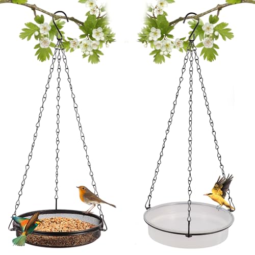 HRAYLTOP 2-in-1 Set Hanging Bird Feeder and Bath for Outdoor, Small Metal Tray Perfect for Attracting Bird - size: 15.75 Inch (2-in-1)