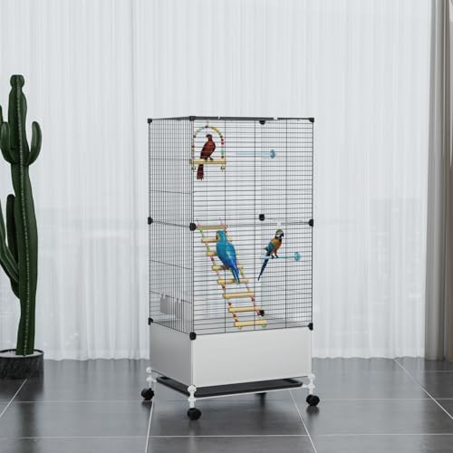 STILLCOVE Large Flight Bird Cage, with Bowls & Perches & Ladder & Swing | with Removable Tray, Universal Wheels, Wide Birdcage for Parakeet, Parrot, Cockatiel, Conure, Budgie, Canary, Finch, Lovebird - size: 14.2"L x 18.5"W x 39.4"H