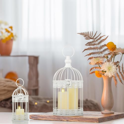 Sliner 4 Pcs Decorative Bird Cages for Centerpiece Metal Vintage Hanging Lantern Bird Cage Birdcage Candle Lanterns Weddings Home Living Room Porch Office Decoration(White) - color: White