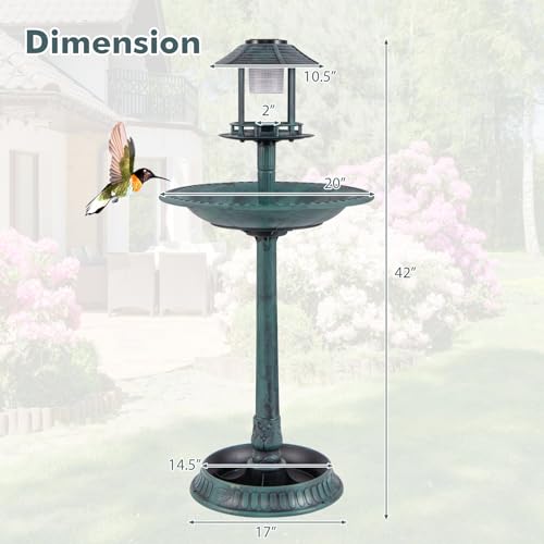 Solar Bird Bath, Pedestal Bird Bath with Bird Feeder, Flower Planter Base, and Solar Powered Lamp, Standing Birdbath for Outdoors, Garden, or Yard, 42 Inch Tall (Green) - color: Green